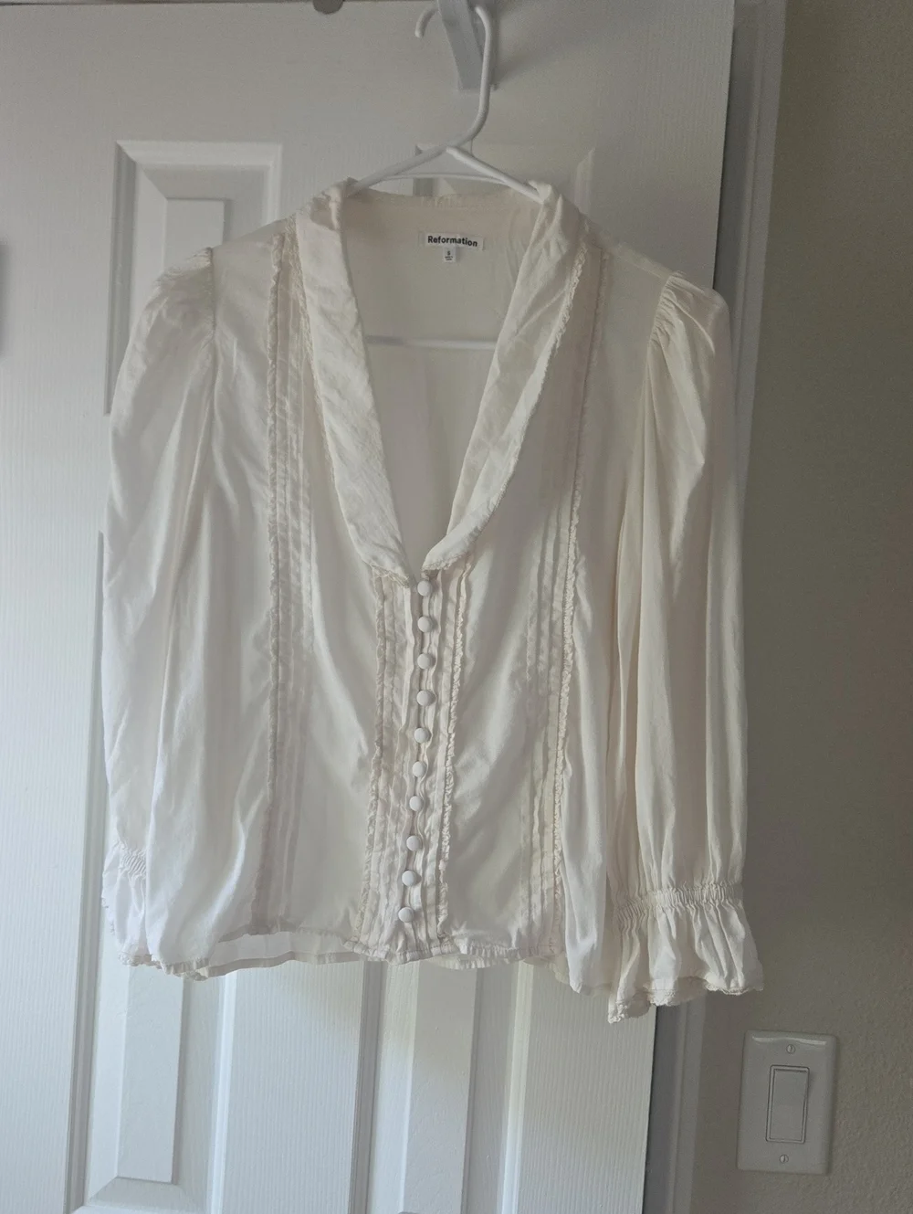Reformation Tilly Top Pintuck Button Blouse with Puff Sleeves